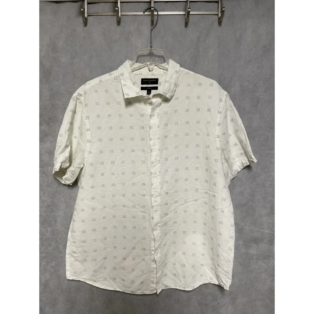 Banana Republic Shirt Men's XL Cream Linen Cotton Button Up Geometric AOP Preppy